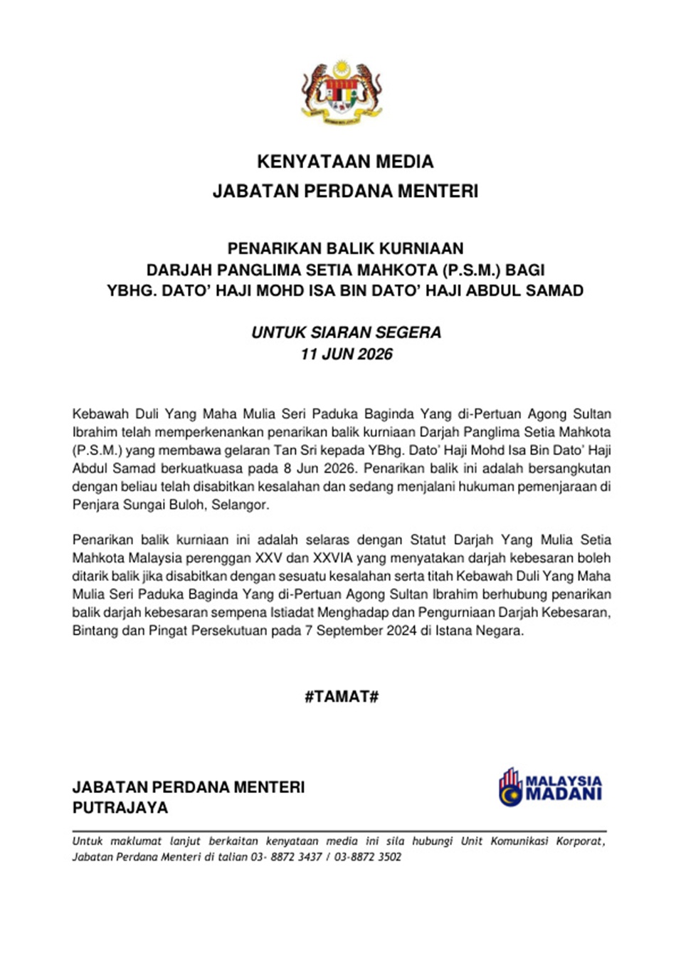 Istana Negara Umum Penarikan Balik Darjah Kebesaran Mohd Isa Samad